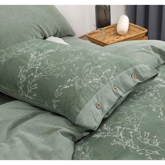 3 PC Duvet Cover Set KING Cotton Jacquard Green Floral Thin Branch Bedding - Picture 7 of 8